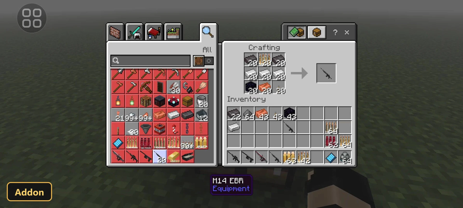 crafting menu showing weapon and ammo recipes in a flat world