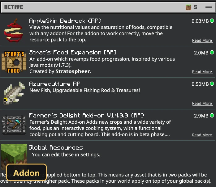 list of active add-ons, with one highlighted