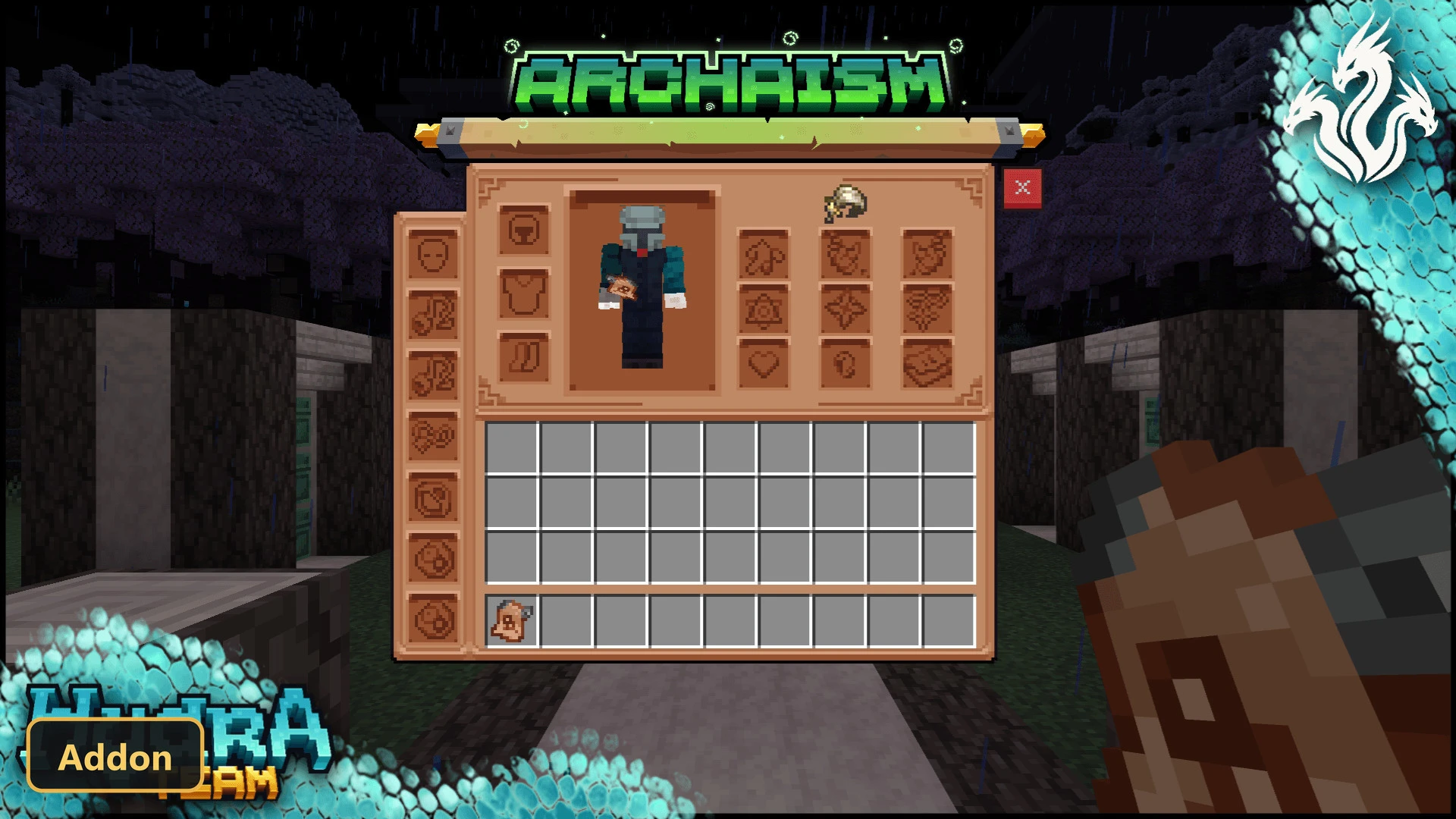 character inventory screen in a dark, rainy village