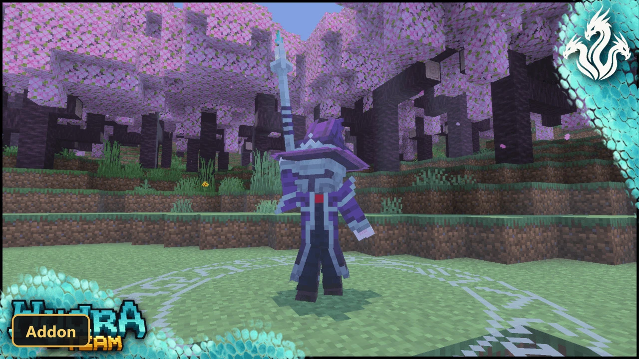 player character in purple wizard robes under pink blossom trees