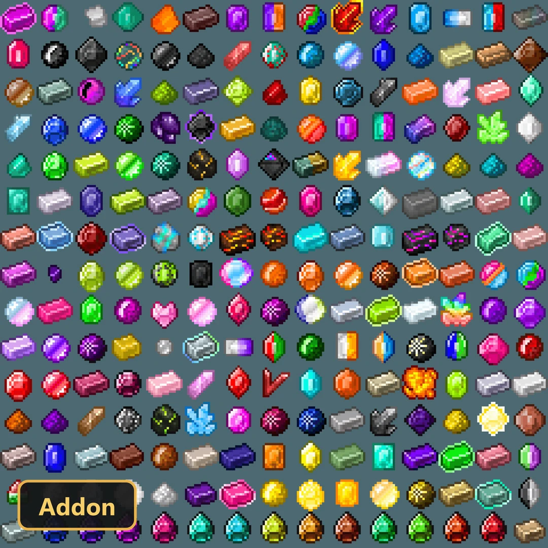 grid of colorful pixel art gems, ingots, and crystals on grey