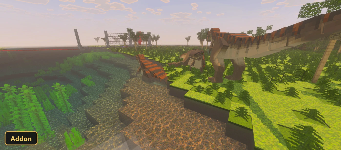 dinosaurs in a jungle river biome with a fence structure