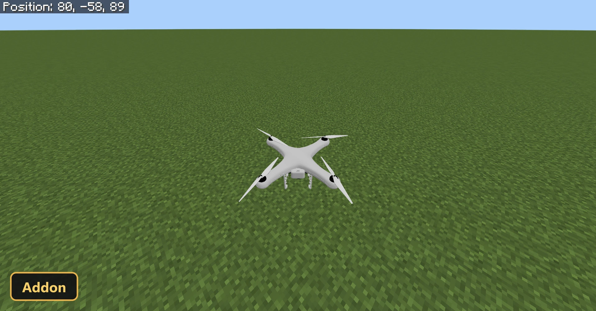 single white drone hovering over a flat grass plain, daytime