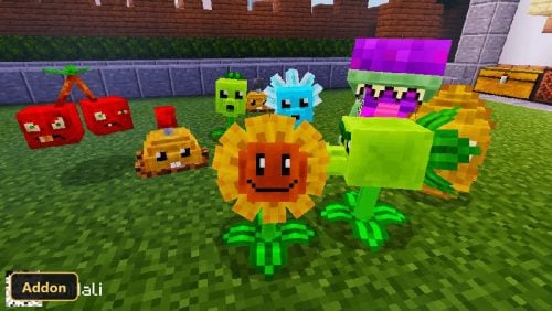 Various plant characters on a grassy lawn, daytime