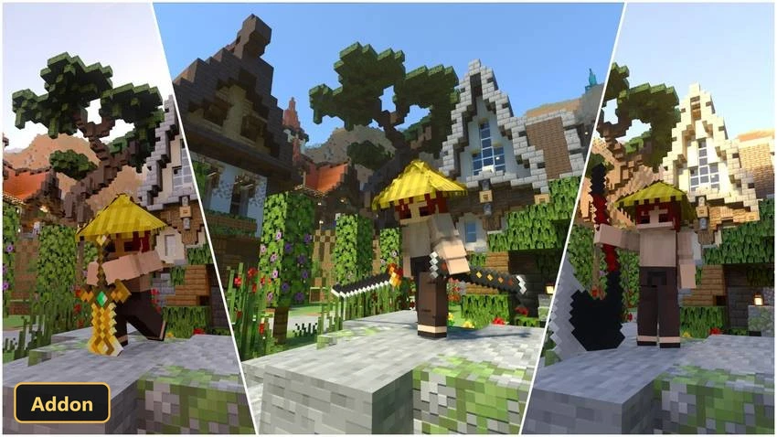 split image of character with swords and axe in a village