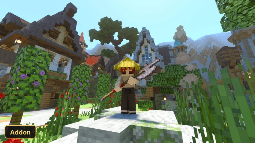 character with straw hat and pickaxe in a medieval village