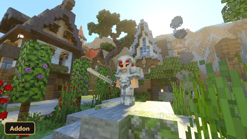 character in full silver armor with a sword in a medieval village