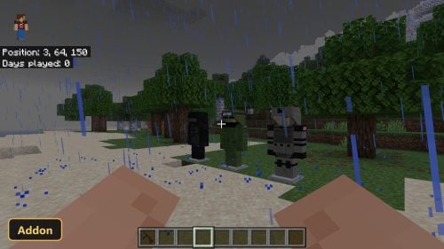 beach biome, rain, three armor stands with military gear