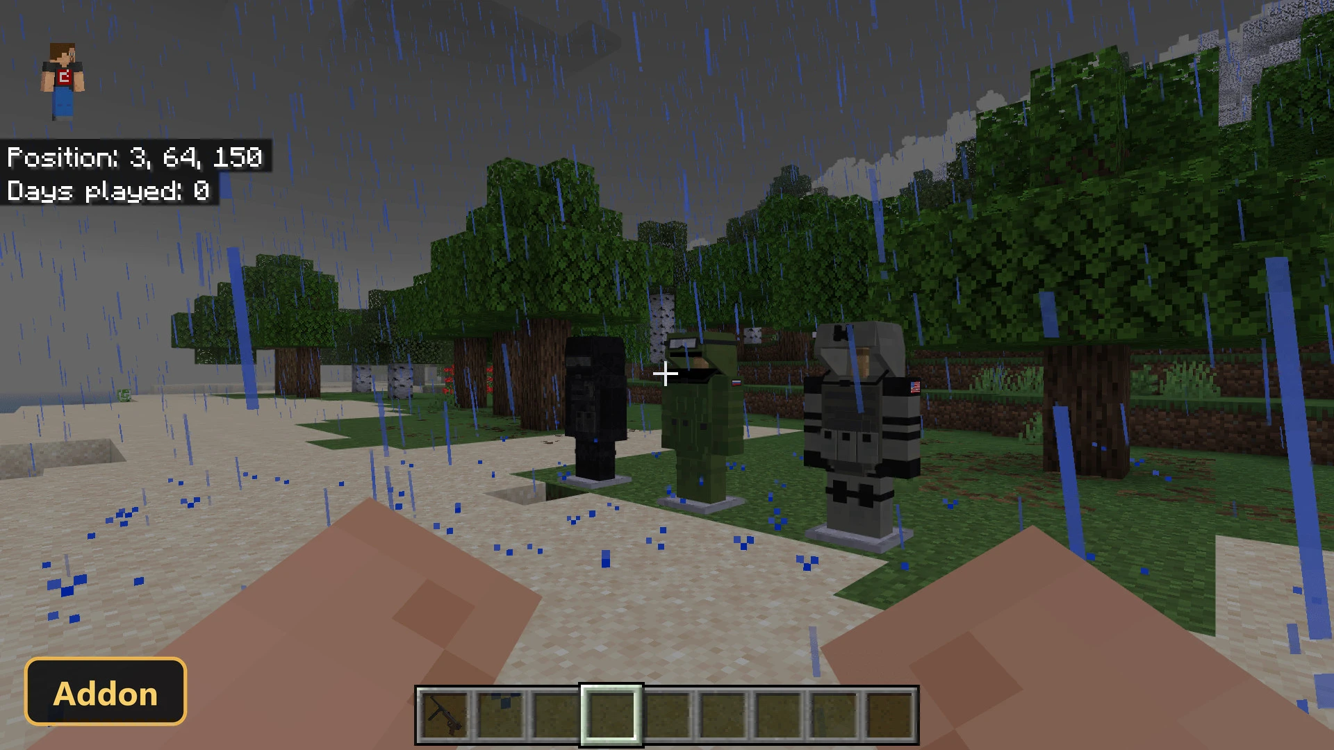 beach biome, rain, three armor stands with military gear