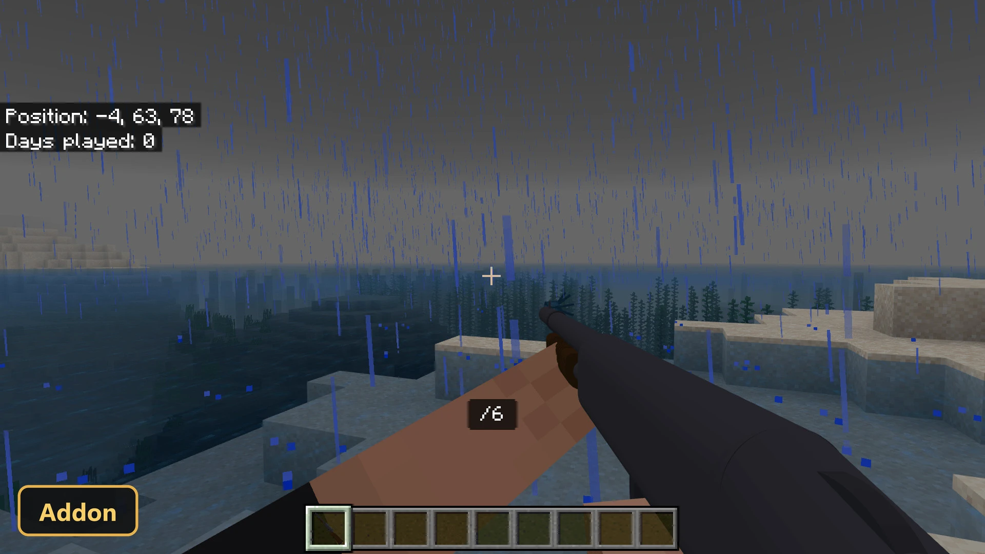 beach biome, rain, first-person view holding a shotgun, ocean view