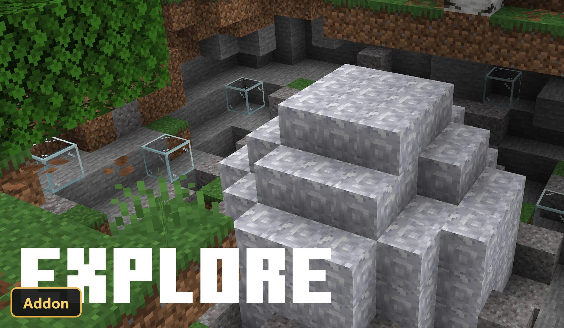 rocky cave entrance with exposed dirt and glass blocks
