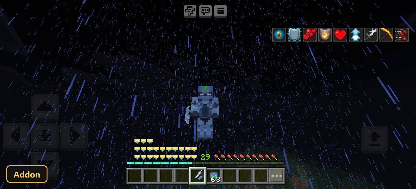 armored character skin standing in heavy rain at night