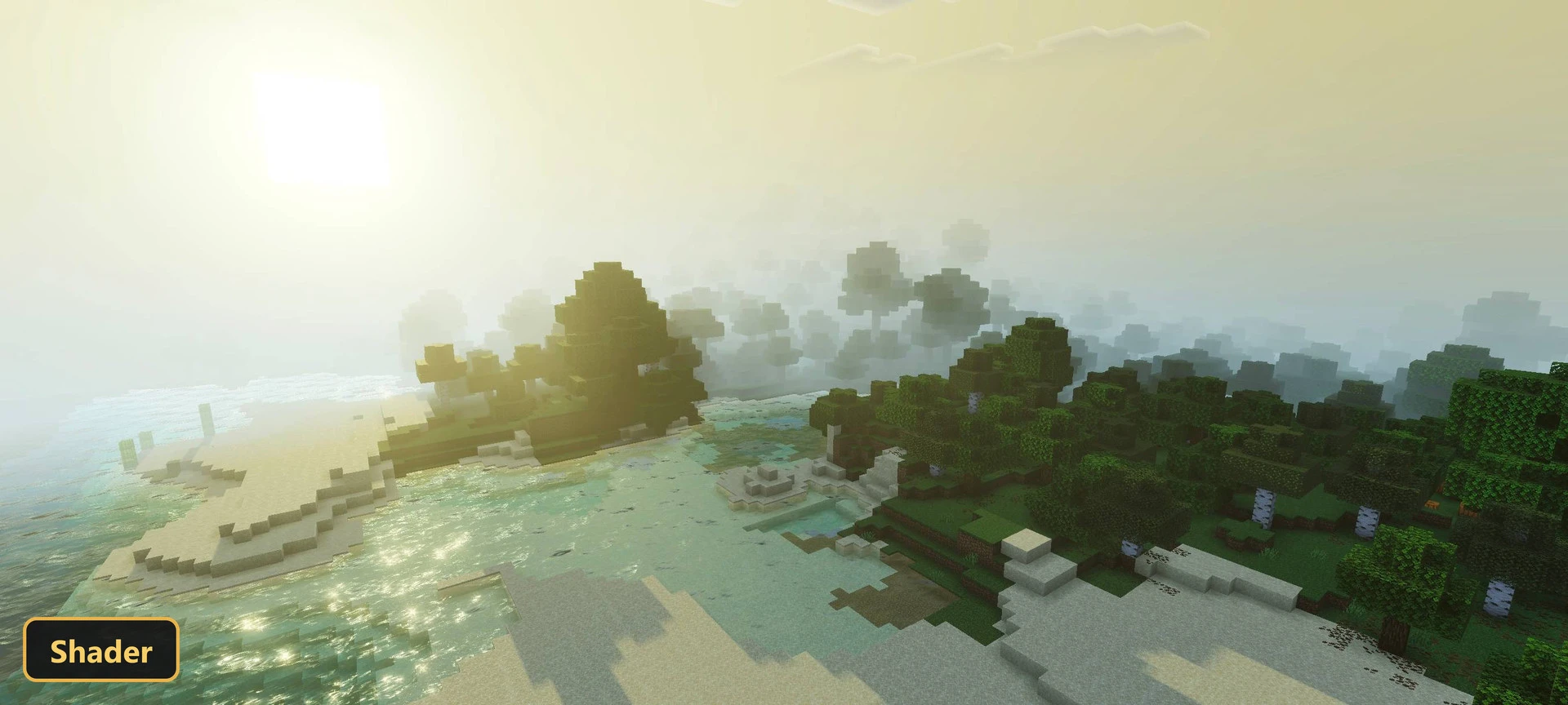 misty island beach at sunrise with sparkling water