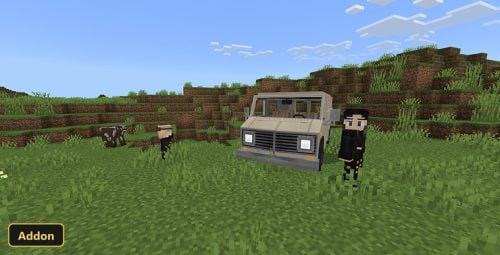 grassy plains with a van, two characters, and a cow
