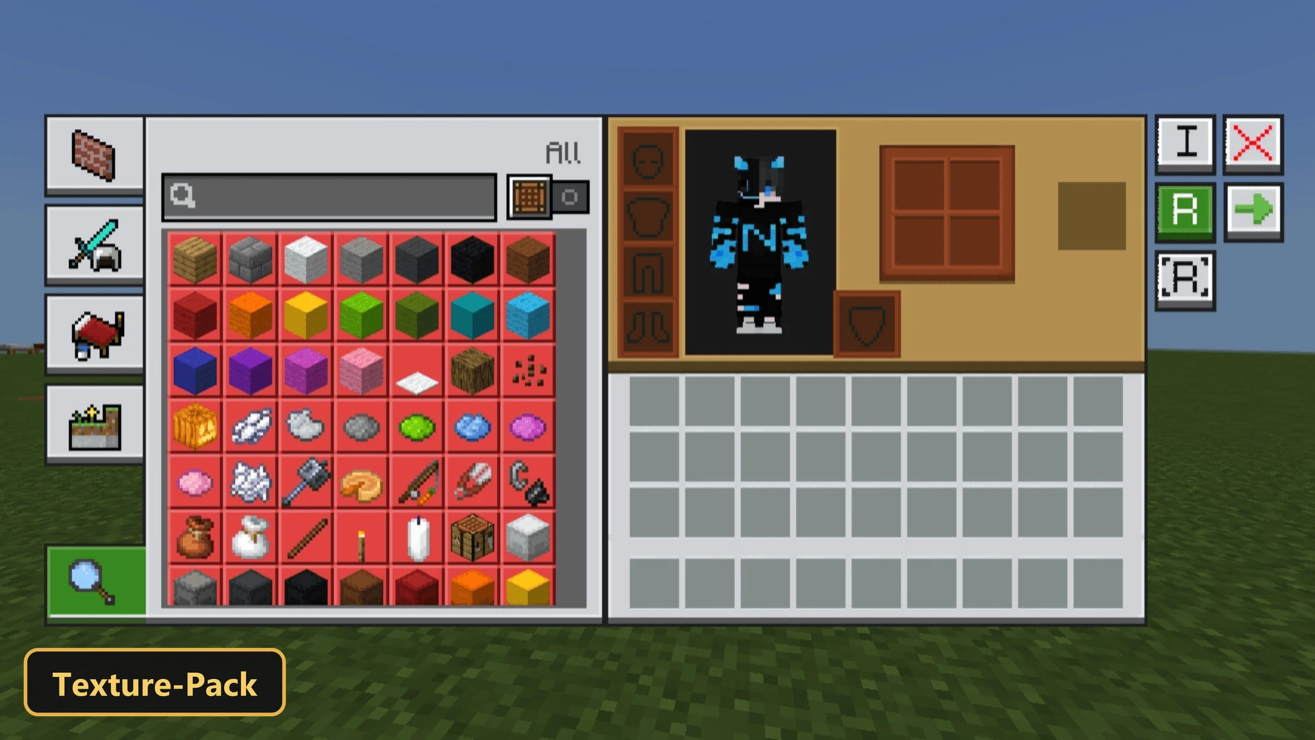 inventory screen with character, crafting grid, and item categories