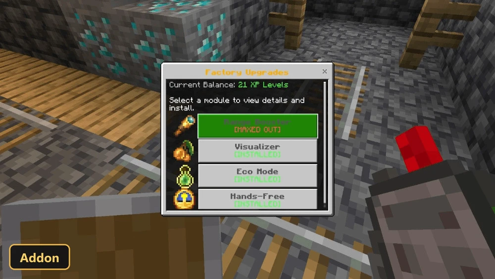 in-game menu for factory upgrades with installed modules
