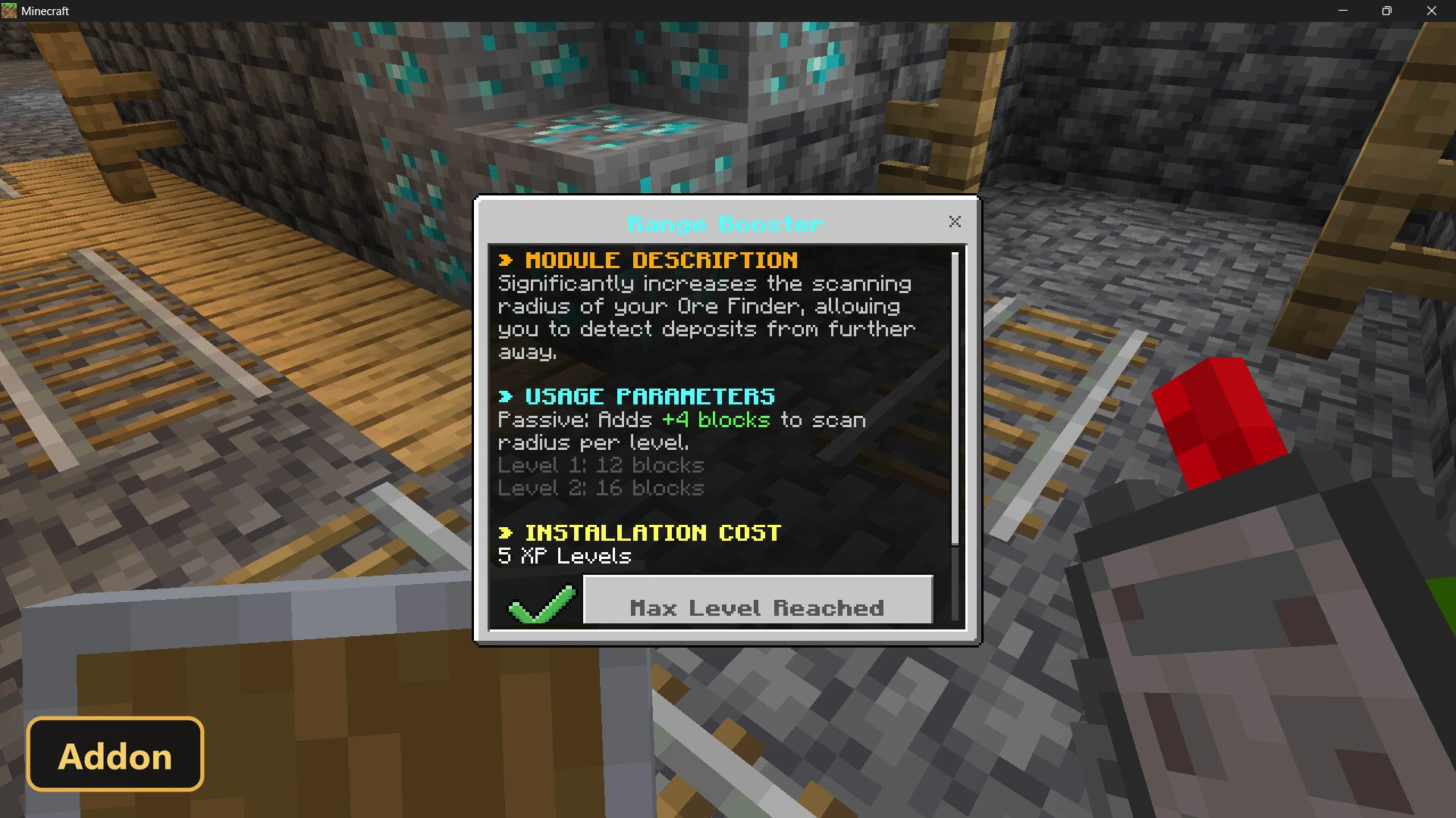 in-game menu showing Range Booster module description and cost