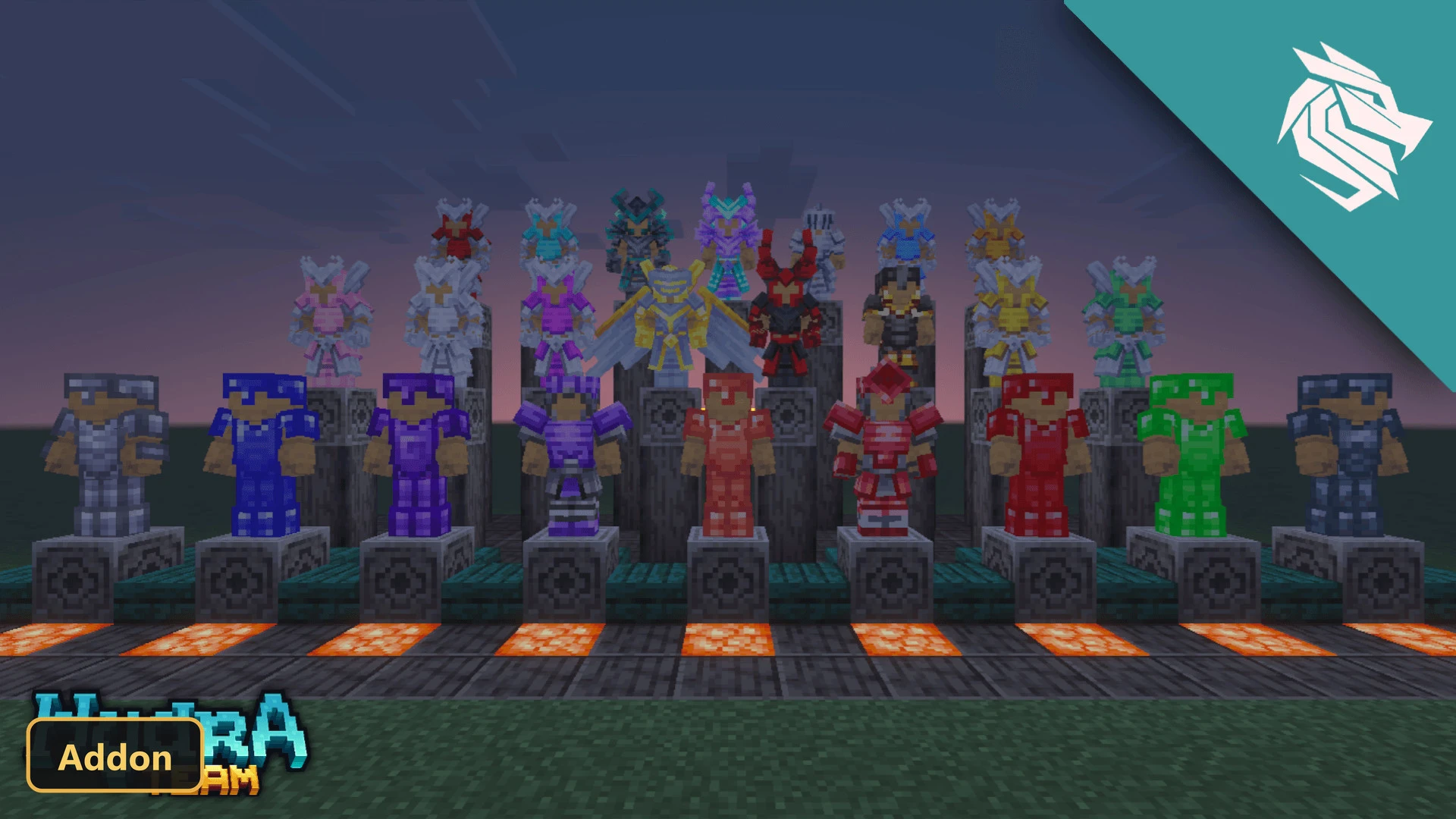 various fantasy armor sets displayed on pedestals at dusk