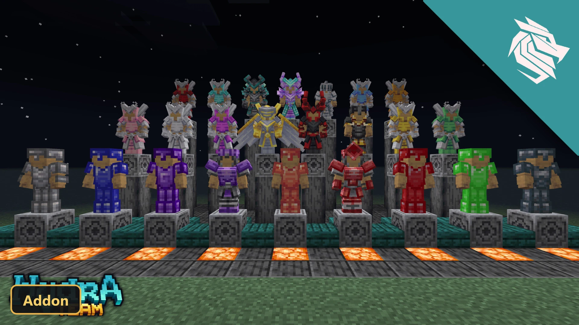 various fantasy armor sets displayed on pedestals at night