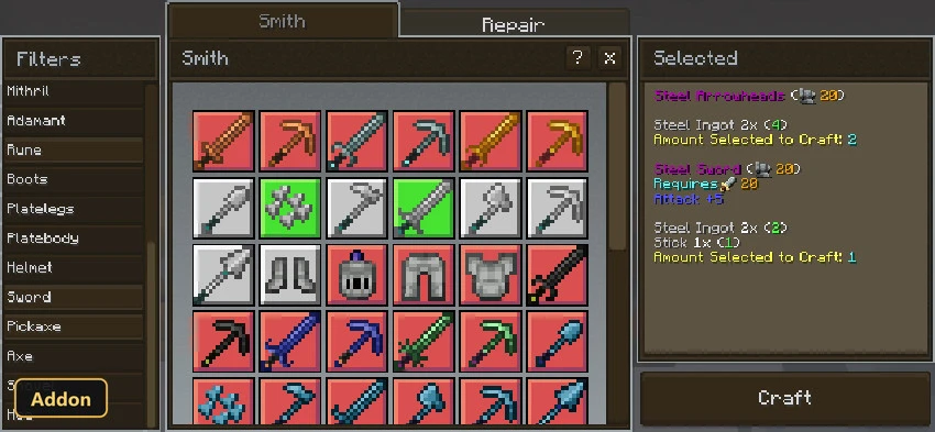 a smithing table menu showing different tools, weapons, and armor