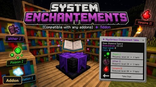 custom enchantment table surrounded by bookshelves, showing UI elements
