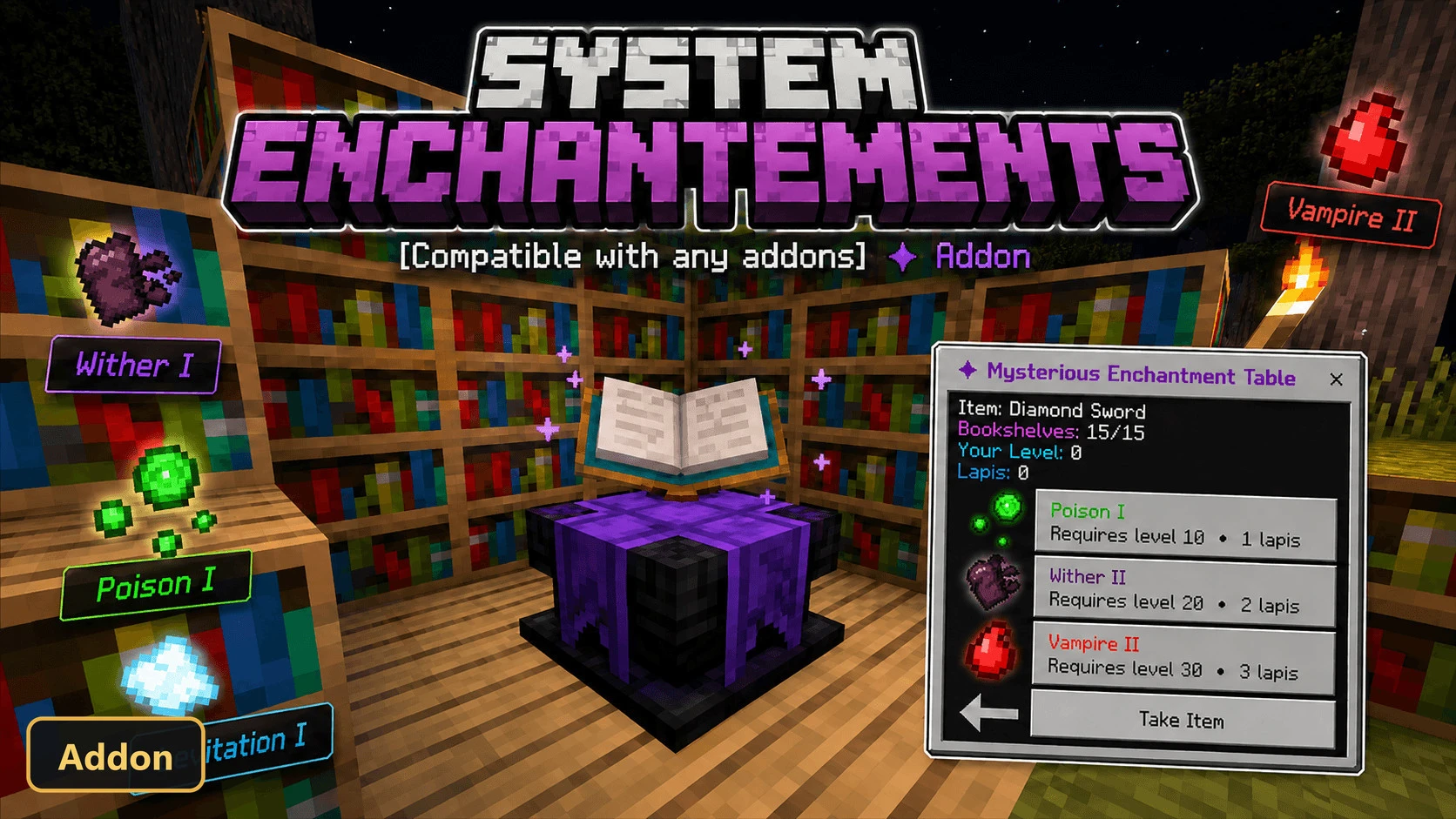 custom enchantment table surrounded by bookshelves, showing UI elements