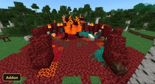 large orange hydra in a red nether-themed arena in a birch forest