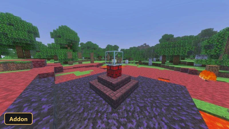 red block on a dark pedestal in a clearing with trees