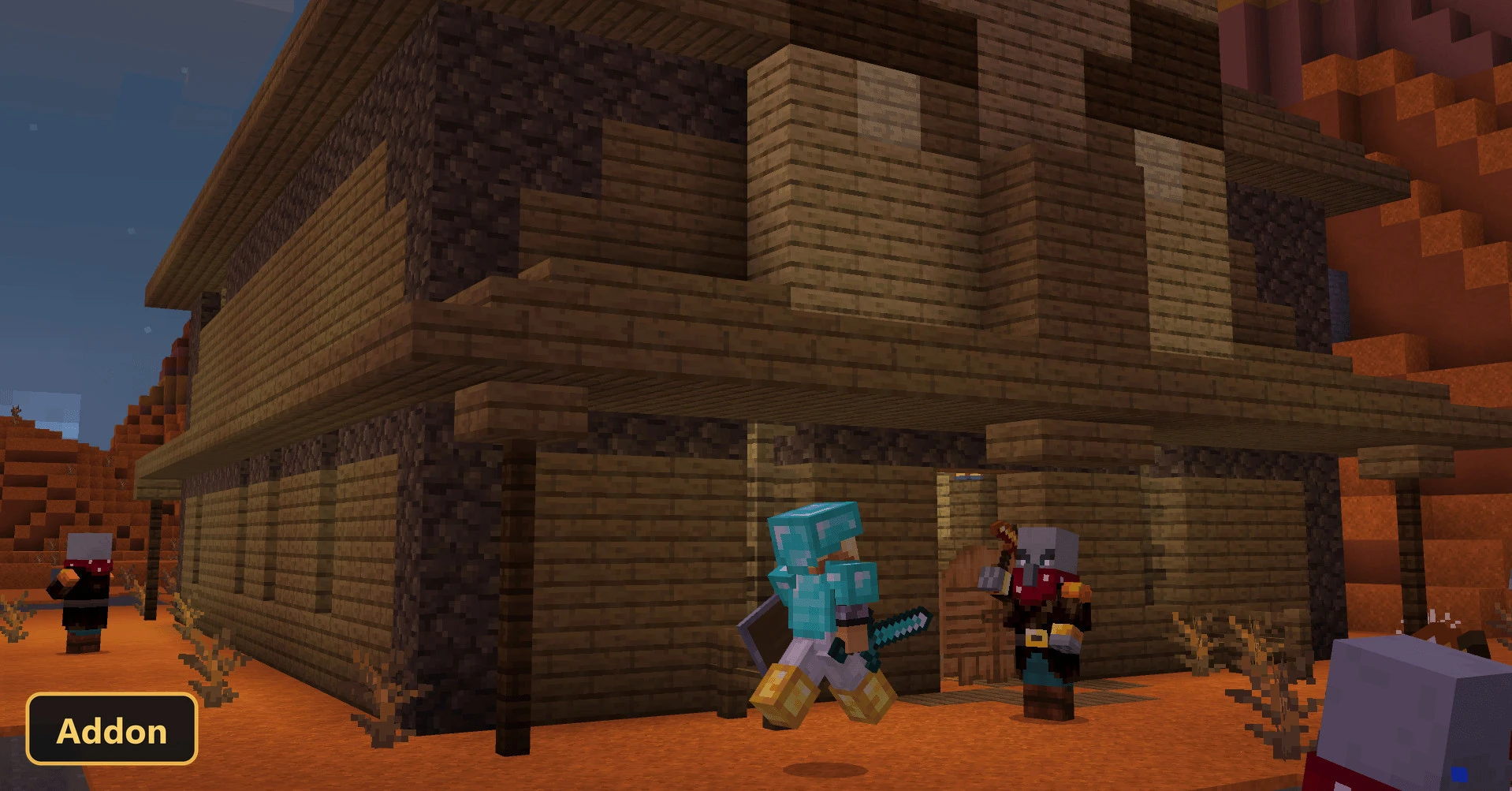 player in blue armor outside a desert house with enemies