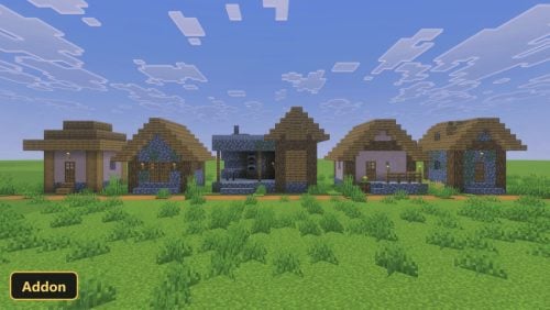 Five village houses in a row on a grassy plain