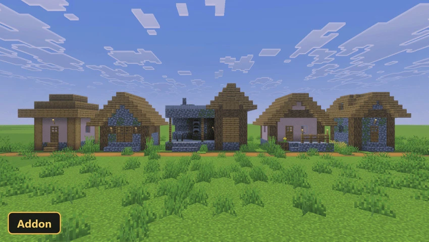 Five village houses in a row on a grassy plain