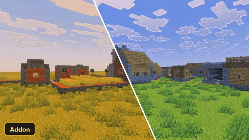 Two split scenes: a savanna village and a plains village