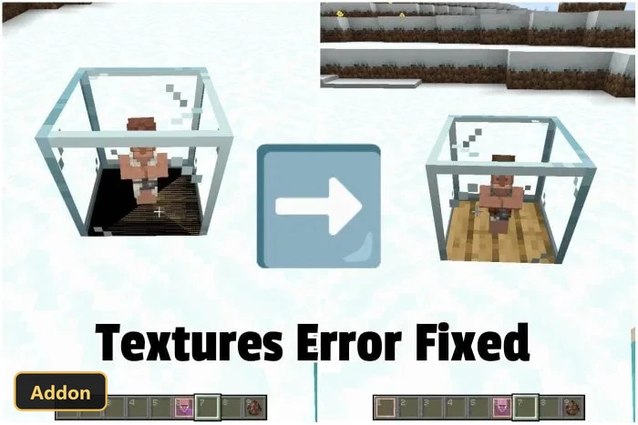 two villager minions in glass blocks, showing a texture fix