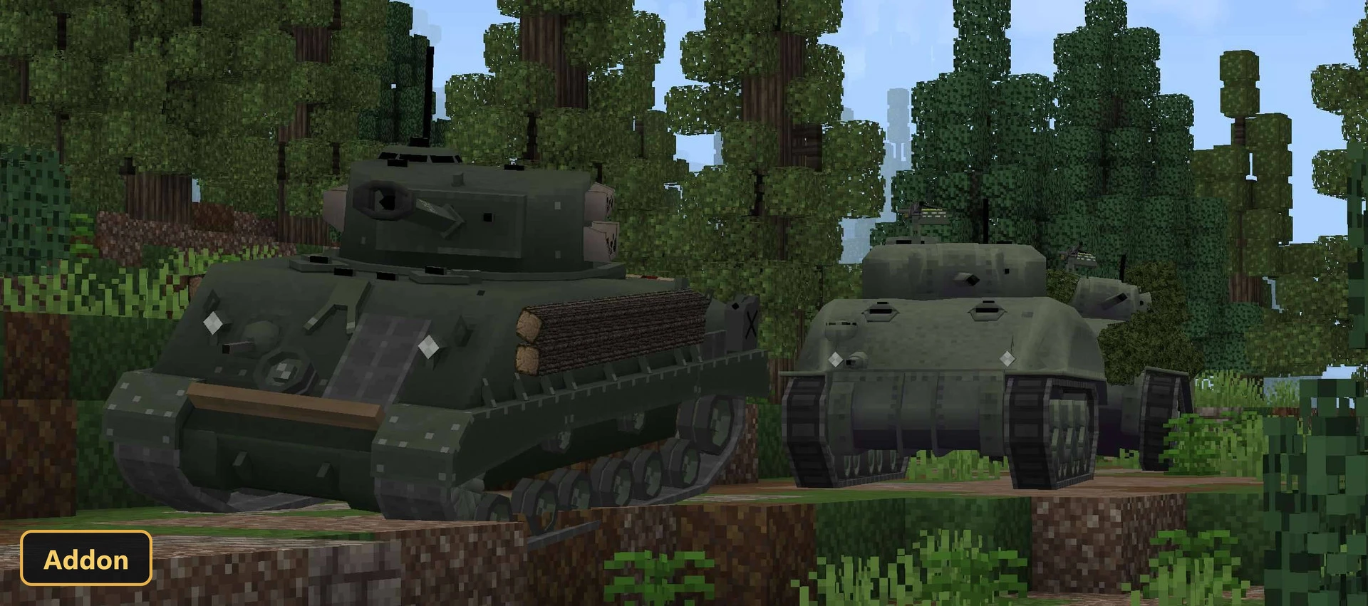 two green tanks with logs on the side in a forest
