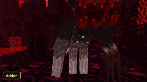 dark red nether-like biome with a tall, multi-limbed monster