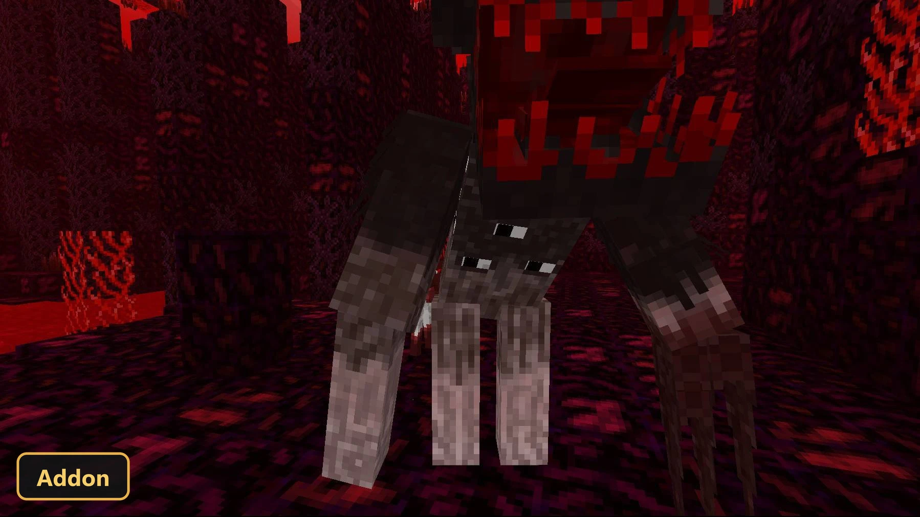 dark red nether-like biome with a tall, multi-limbed monster