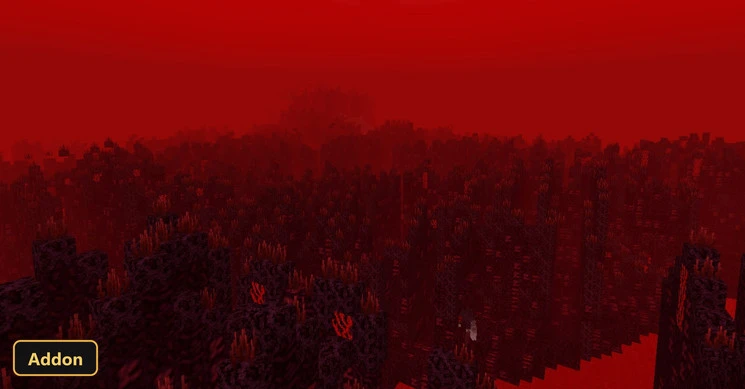 expansive view of a dark red, nether-like biome under a red sky