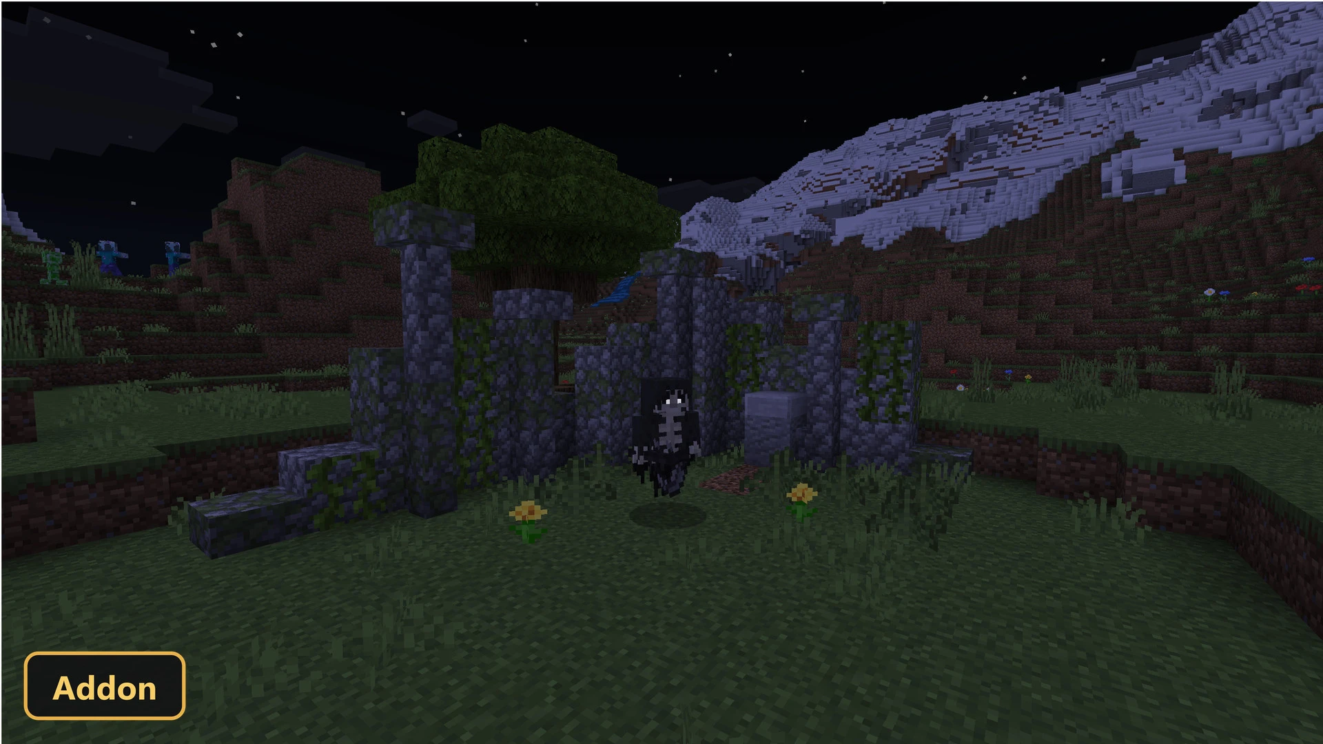 player character near ruins and a dragon skeleton at night