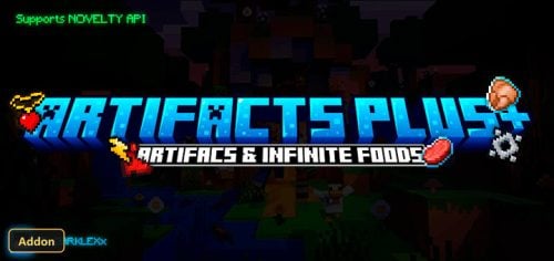 title card with pixel art items over a Minecraft landscape