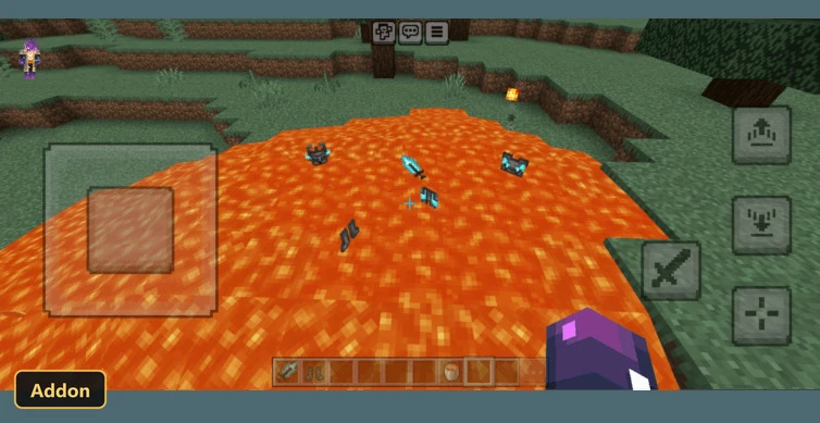 armor and weapon items floating in lava in a forest