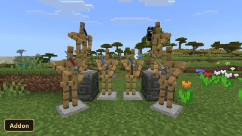 four armor stands with swords and a scythe