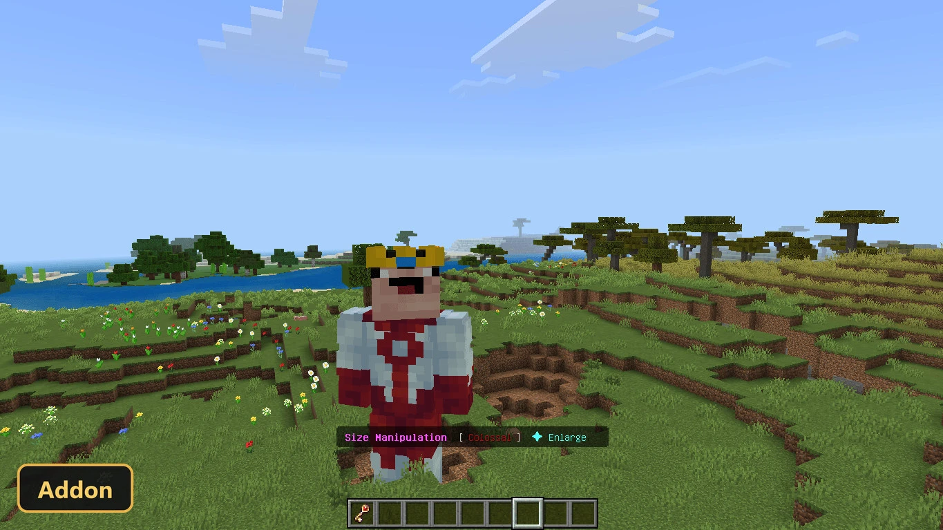 player character enlarged, standing in a field