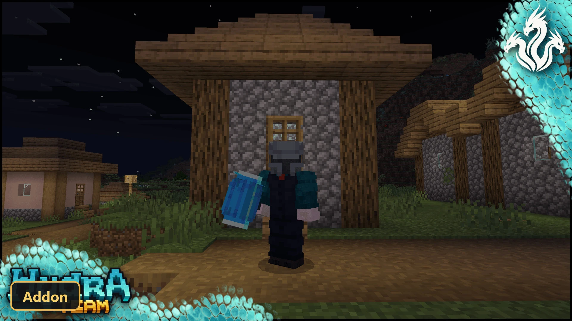 player character holding a blue shield at night