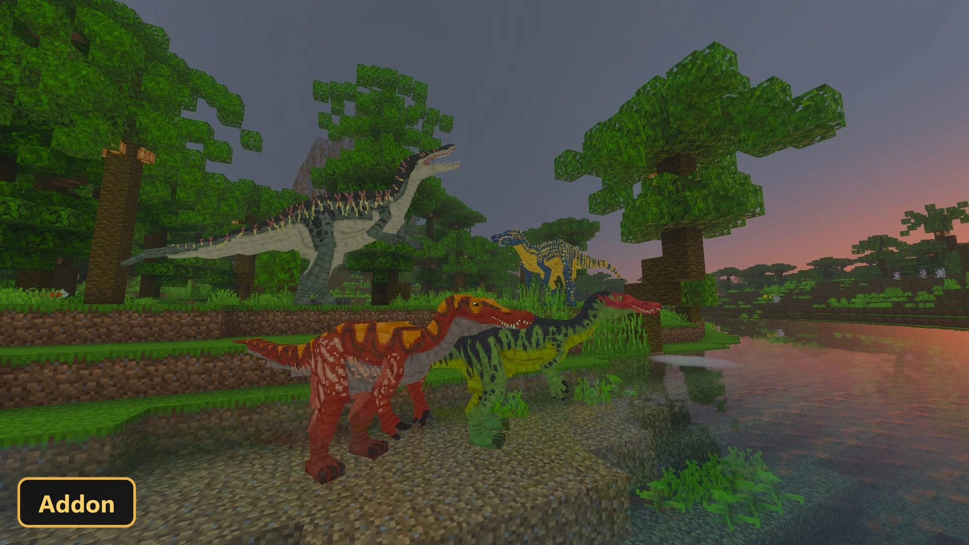 several dinosaurs by a river at sunset