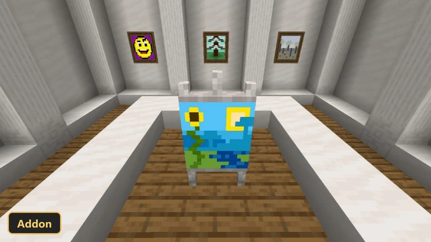 three framed paintings and an easel with a painting in a hall