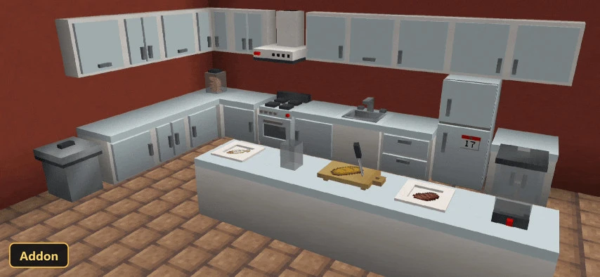 modern kitchen with cabinets, appliances, and food items