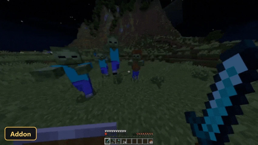 player fighting zombies at night with a sword