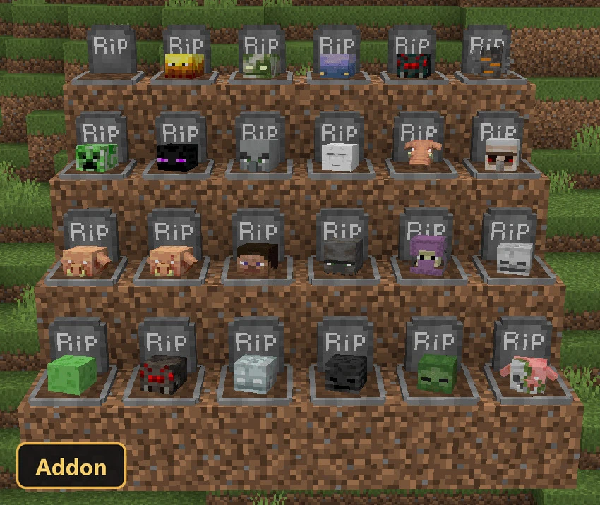twenty-four gravestones with mob heads on dirt blocks