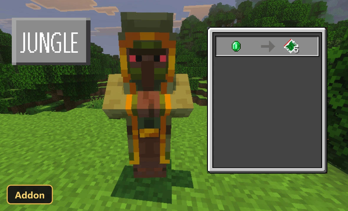 jungle villager mob and a trading menu showing an emerald trade