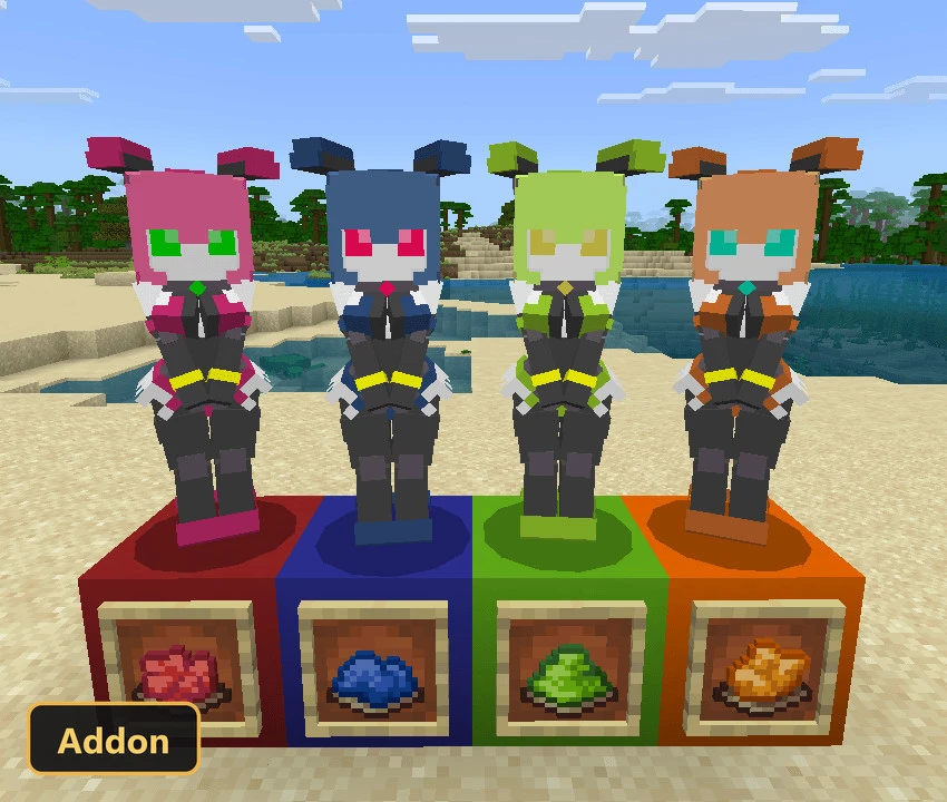 four robot mobs and crafting ingredients on a beach